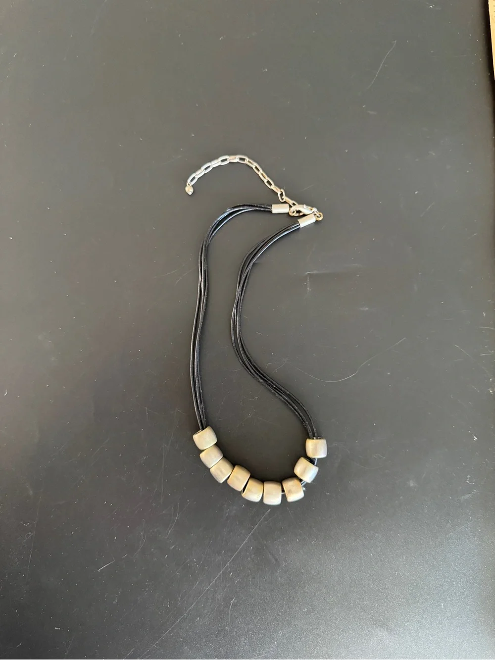 Y2K‎ 90s Chunky Silver Metallic Bead Choker Necklace Leather Multi-strand Cord